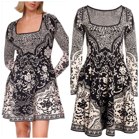 Cara Cara Lillia Dress Black Scroll Terrace NWT $595 Long Sleeve Fit & Flare - Picture 1 of 13